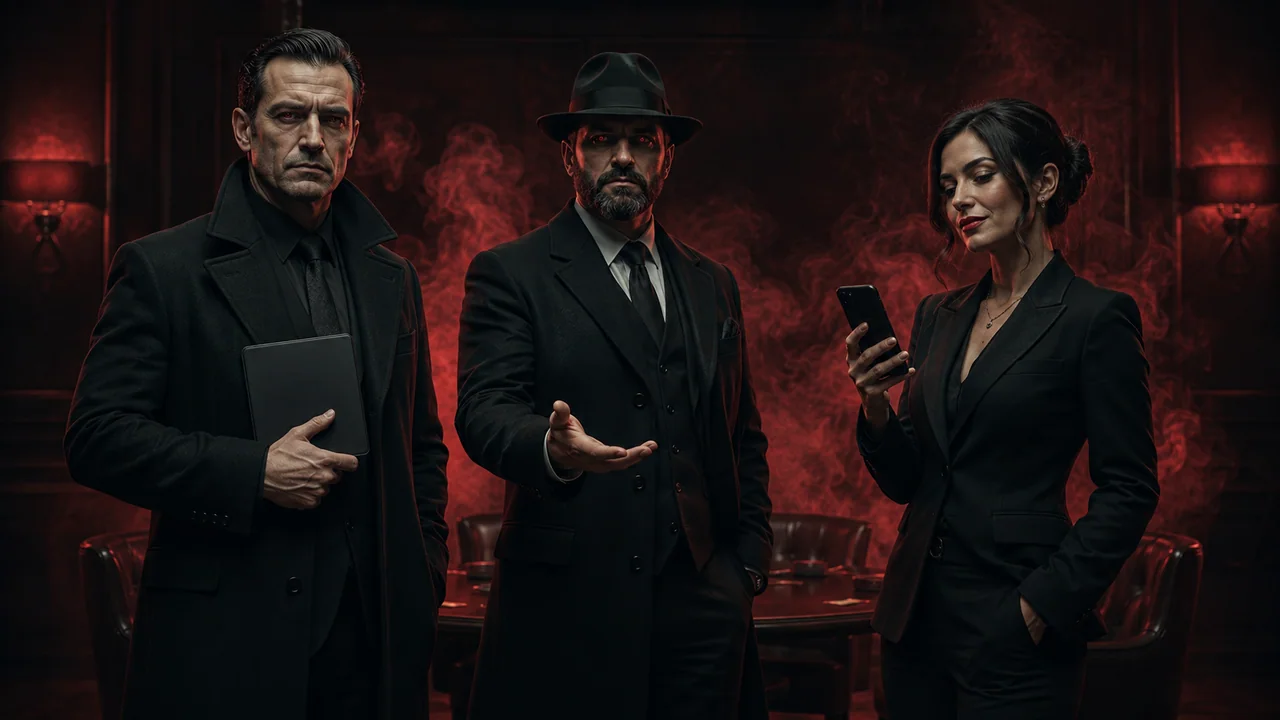 Владелец клуба, ведущий и игрок с телефоном в атмосфере TIME TO MAFIA